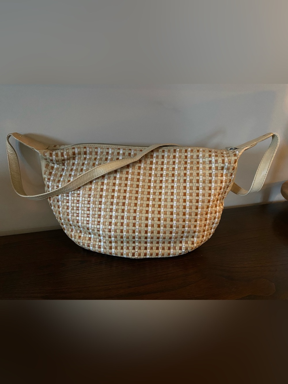 Vintage Ronora Woven Leather Shoulder Bag in Cream and Tan
